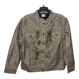 Chico's Tan Gold Metallic Shimmery Embroidered Lined Button Up Jacket
